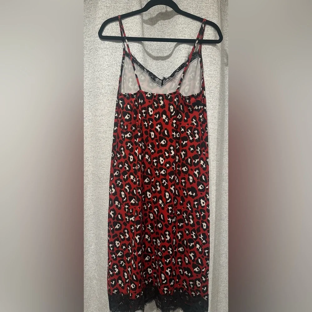 Women’s ZARA Red Leopard Print Camisole Slip Dress Lace Stretch Midi Dress Small